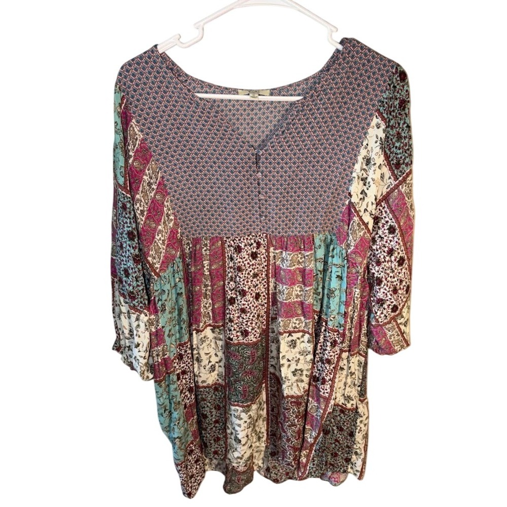Kori America Womens Boho Patchwork Floral‎ Paisley Babydoll Tunic Top Multi SzM